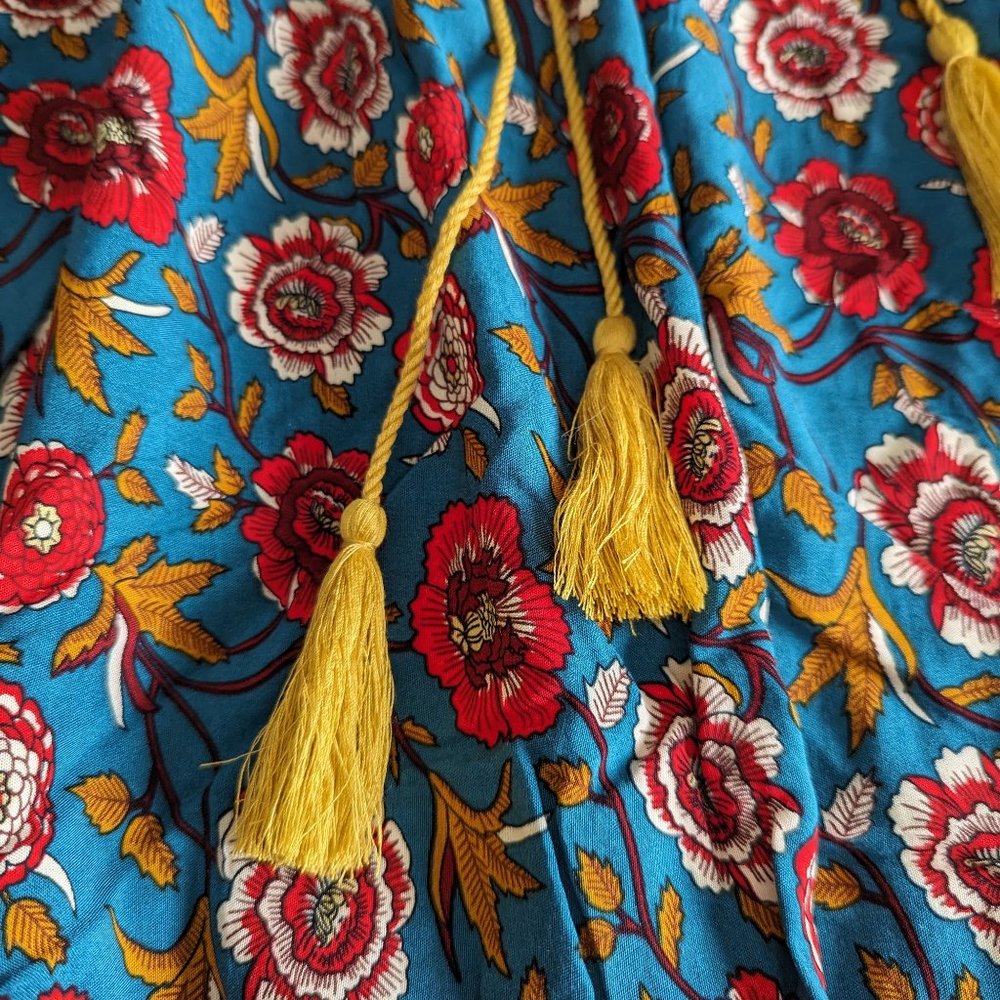 Women's XXL 100% Cotton Colorful Long Sleeved Boho Floral Dress with Tassels - Picture 2 of 6